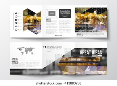 Vector set of tri-fold brochures, square design templates with element of world map. Colorful polygonal background, blurred image, night city landscape, modern stylish triangular vector texture.