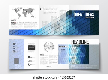 Vector set of tri-fold brochures, square design templates with element of world map and globe. Abstract colorful polygonal background, modern stylish triangle vector texture.
