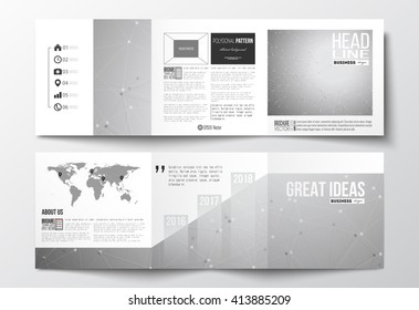 Vector set of tri-fold brochures, square design templates with element of world map. Molecular construction with connected lines and dots, scientific or digital design pattern on gray background.