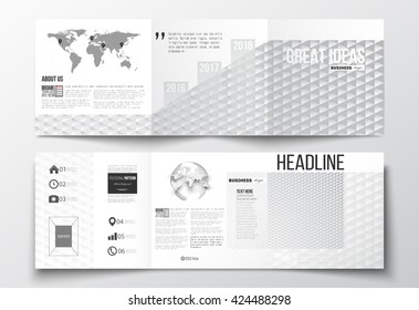 Vector set of tri-fold brochures, square design templates with element of world map and globe. Abstract greyscale polygonal background, modern stylish triangle vector texture.