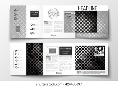 Vector set of tri-fold brochures, square design templates with element of world globe. Abstract polygonal background, modern stylish square design silver vector texture.