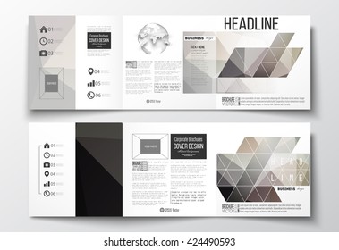 Vector set of tri-fold brochures, square design templates with element of world globe. Abstract blurred background, modern stylish dark vector texture.