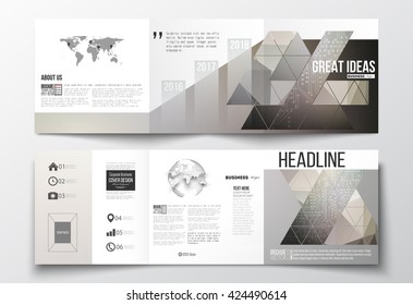 Vector set of tri-fold brochures, square design templates with element of world map and globe. Microchip background, electrical circuits, science design vector template. 