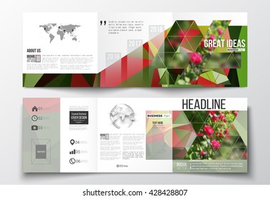 Vector set of tri-fold brochures, square design templates with element of world map and globe. Colorful polygonal floral background, blurred image, red flowers on green, modern triangular texture