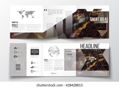 Vector set of tri-fold brochures, square design templates with element of world map and globe. Dark polygonal background, blurred image, night city landscape, Paris cityscape, triangular texture