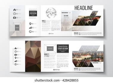 Vector set of tri-fold brochures, square design templates with element of world globe. Polygonal background, blurred image, urban landscape, cityscape of Prague, modern triangular texture