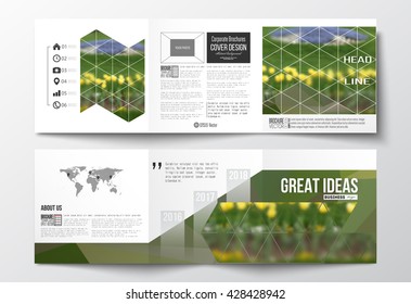 Vector set of tri-fold brochures, square design templates with element of world map. Colorful polygonal floral background, blurred image, yellow flowers on green, modern triangular texture