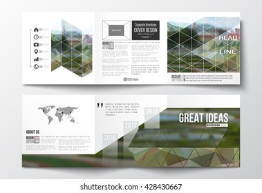 Vector set of tri-fold brochures, square design templates with element of world map. Polygonal background, blurred image, park landscape, modern stylish vector texture.