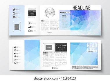 Vector set of tri-fold brochures, square design templates with element of world globe. Abstract colorful polygonal background, modern stylish triangle vector texture.