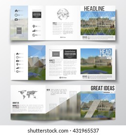 Vector set of tri-fold brochures, square design templates with element of world map and globe. Polygonal background, blurred image, park landscape, modern stylish vector texture.
