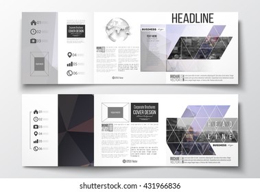 Vector set of tri-fold brochures, square design templates with element of world globe. Polygonal background, blurred image, urban landscape, modern stylish triangular vector texture