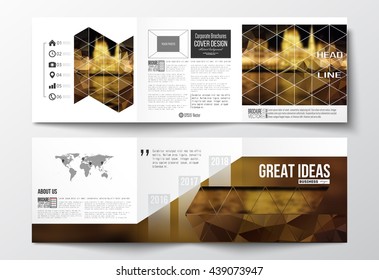 Vector set of tri-fold brochures, square design templates with element of world map. Colorful polygonal background, blurred image, night city landscape, triangular vector texture.