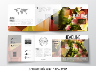 Vector set of tri-fold brochures, square design templates with element of world map and globe. Colorful polygonal floral background, blurred image, pink flowers on green, modern triangular texture