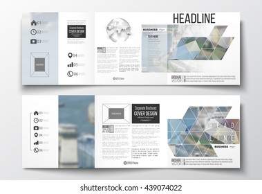 Vector set of tri-fold brochures, square design templates with element of world globe. Polygonal background, blurred image, urban landscape, modern stylish triangular vector texture.