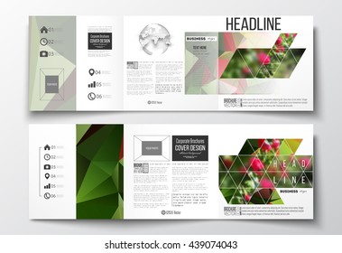 Vector set of tri-fold brochures, square design templates with element of world globe. Colorful polygonal floral background, blurred image, red flowers on green, modern triangular texture