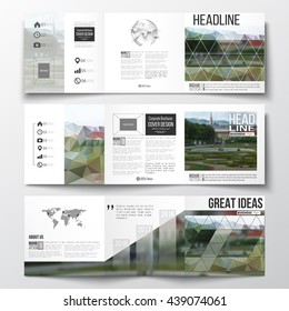 Vector set of tri-fold brochures, square design templates with element of world map and globe. Polygonal background, blurred image, park landscape, modern stylish vector texture.