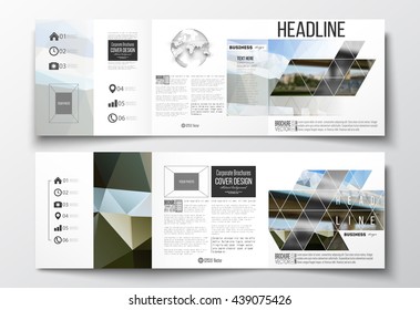 Vector set of tri-fold brochures, square design templates with element of world globe. Colorful polygonal background, blurred image, urban scene, modern stylish triangular vector texture.