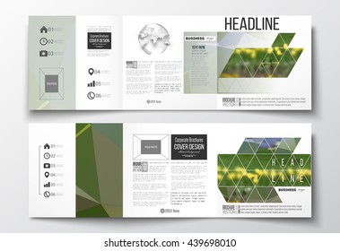 Vector set of tri-fold brochures, square design templates with element of world globe. Colorful polygonal floral background, blurred image, yellow flowers on green, modern triangular texture