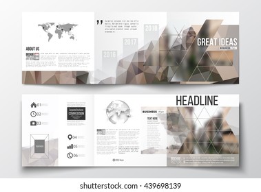 Vector set of tri-fold brochures, square design templates with element of world map and globe. Polygonal background, blurred image, urban landscape, modern stylish triangular vector texture.