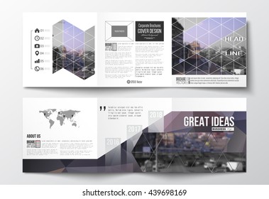 Vector set of tri-fold brochures, square design templates with element of world map. Polygonal background, blurred image, urban landscape, modern stylish triangular vector texture