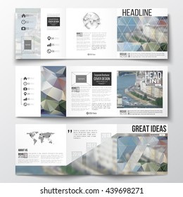 Vector set of tri-fold brochures, square design templates with element of world map and globe. Polygonal background, blurred image, urban landscape, modern stylish triangular vector texture.