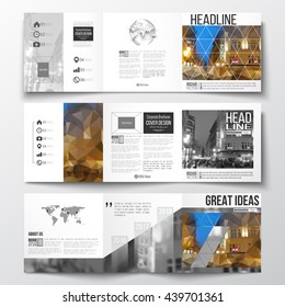 Vector set of tri-fold brochures, square design templates with element of world map and globe. Colorful polygonal background, blurred image, night city landscape, modern triangular vector texture.