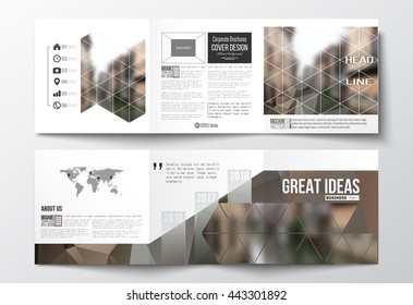 Vector set of tri-fold brochures, square design templates with element of world map. Polygonal background, blurred image, urban landscape, modern stylish triangular vector texture.