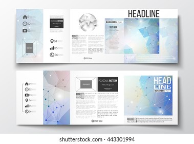 Vector set of tri-fold brochures, square design templates with element of world globe. Abstract colorful polygonal background, modern stylish triangle vector texture.