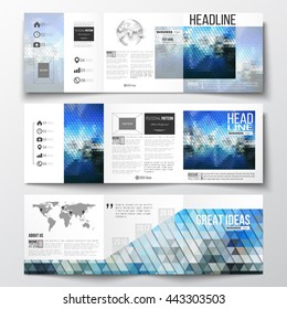 Vector set of tri-fold brochures, square design templates with element of world map and globe. Abstract colorful polygonal background, modern stylish triangle vector texture.