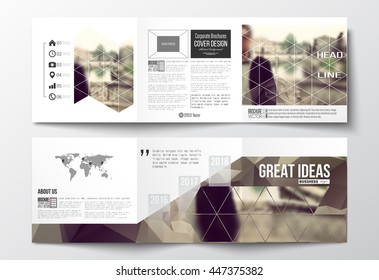 Vector set of tri-fold brochures, square design templates with element of world map. Polygonal background, blurred image, vacation, travel, tourism. Modern triangular vector texture.