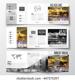 Vector set of tri-fold brochures, square design templates with element of world map and globe. Colorful polygonal background, blurred image, night city landscape, modern triangular vector texture.