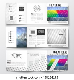 Vector set of tri-fold brochures, square design templates with element of world map and globe. Abstract colorful polygonal background, modern stylish triangle vector texture.