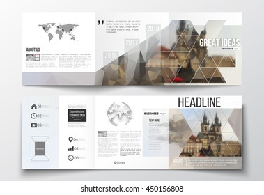 Vector set of tri-fold brochures, square design templates with element of world map and globe. Polygonal background, blurred image, urban landscape, cityscape of Prague, modern triangular texture