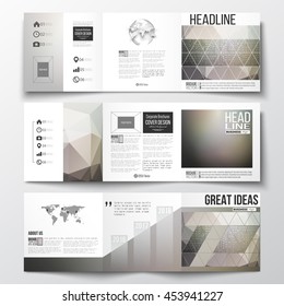 Vector set of tri-fold brochures, square design templates with element of world map and globe. Microchip background, electrical circuits, science design vector template. 