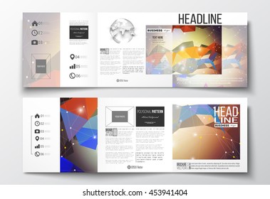 Vector set of tri-fold brochures, square design templates with element of world globe. Molecular construction with connected lines and dots, scientific pattern on colorful polygonal background.