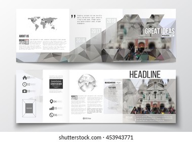 Vector set of tri-fold brochures, square design templates with element of world map, globe. Polygonal background, blurred image, view of cathedral Sakre-Ker, Paris cityscape, triangular vector texture