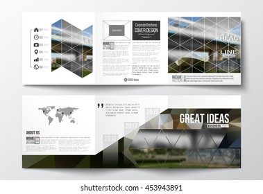 Vector set of tri-fold brochures, square design templates with element of world map. Colorful polygonal background, blurred image, urban scene, modern stylish triangular vector texture.