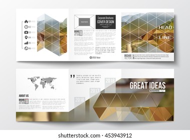 Vector set of tri-fold brochures, square design templates with element of world map. Colorful polygonal backdrop, blurred background, modern stylish triangle vector texture.