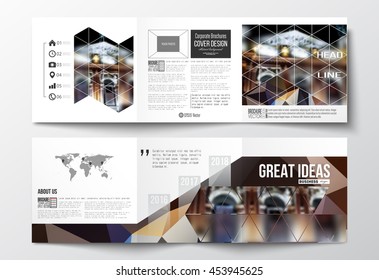 Vector set of tri-fold brochures, square design templates with element of world map. Colorful polygonal background, blurred image, night city landscape, modern triangular vector texture.