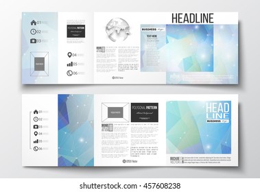 Vector set of tri-fold brochures, square design templates with element of world globe. Abstract colorful polygonal background, modern stylish triangle vector texture.