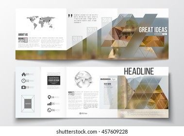 Vector set of tri-fold brochures, square design templates with element of world map and globe. Colorful polygonal backdrop, blurred background, modern stylish triangle vector texture.