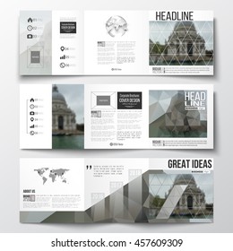 Vector set of tri-fold brochures, square design templates with element of world map and globe. Polygonal background, blurred image, urban landscape, modern stylish triangular vector texture.