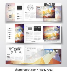 Vector set of tri-fold brochures, square design templates with element of world map and globe. Molecular construction with connected lines and dots, scientific pattern on colorful polygonal background