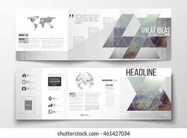 Vector set of tri-fold brochures, square design templates with element of world map and globe. Abstract colorful polygonal background, modern stylish triangle vector texture.