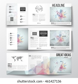 Vector set of tri-fold brochures, square design templates with element of world map and globe. Molecular construction with connected lines and dots, scientific pattern, colorful polygonal background