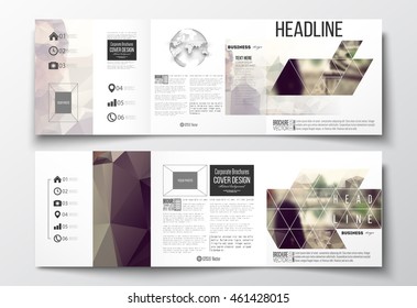 Vector set of tri-fold brochures, square design templates with element of world globe. Polygonal background, blurred image, vacation, travel, tourism. Modern triangular vector texture.