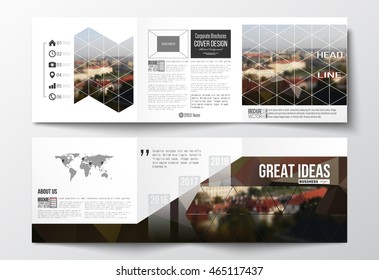 Vector set of tri-fold brochures, square design templates with element of world map. Polygonal background, blurred image, urban landscape, cityscape of Prague, modern triangular texture