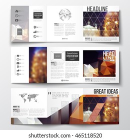 Vector set of tri-fold brochures, square design templates with element of world map and globe. Colorful polygonal background, blurred image, night city landscape, festive cityscape, triangular texture