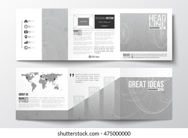 Vector set of tri-fold brochures, square design templates. Molecular construction with connected lines and dots, scientific pattern on gray background.