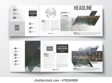 Vector set of tri-fold brochures, square design templates. Colorful polygonal backdrop, blurred natural background, modern stylish triangle texture.
